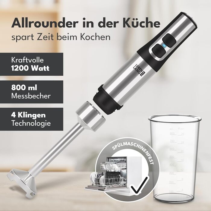 Ручний блендер LIFELONG 1200 Вт з нержавіючої сталі - включаючи чашку та захист від бризок на 800 мл, плавне регулювання та турбоблендер