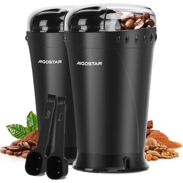 Кавомолка електрична Aigostar для кави, спецій та горіхів, нержавіюча сталь, 60г, 200 Вт, чорна (2 шт)
