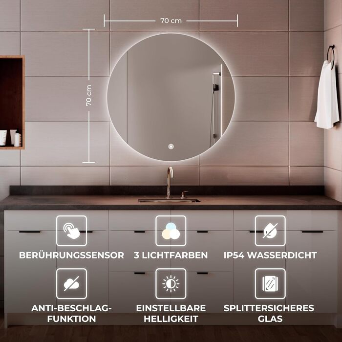 Дзеркало для ванної кімнати BR Bringer LED кругле 80см з підсвічуванням, антизапарюванням, регулюванням яскравості, 3 кольори світла, сенсорне управління та функція пам'яті (BRRS201)