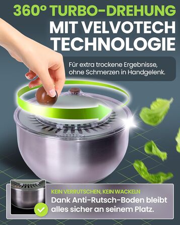 Салатниця-швидкокрутка VELVOMAX 6в1 з нержавіючої сталі, 4.5L - 6 функцій: нарізник овочів, сервіровочна чаша та спіннер для салатів. Можна мити в посудомийній машині, з антиковзним дном та кришкою. Ідеально для любителів готувати.