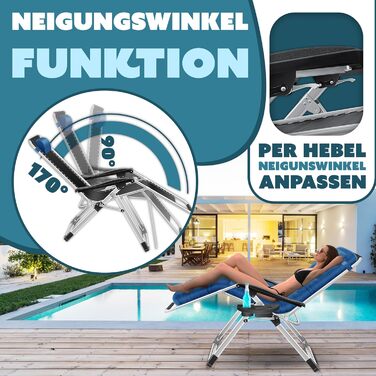 Шезлонг KESSER® для саду, широке крісло, водостійкий, вантажопідйомність 200 кг, ергономічна подушка, регульована спинка, підголовник, тримач для напоїв, підлокітники та бічна кишеня (без сонцезахисного даху), колір: темно-синій