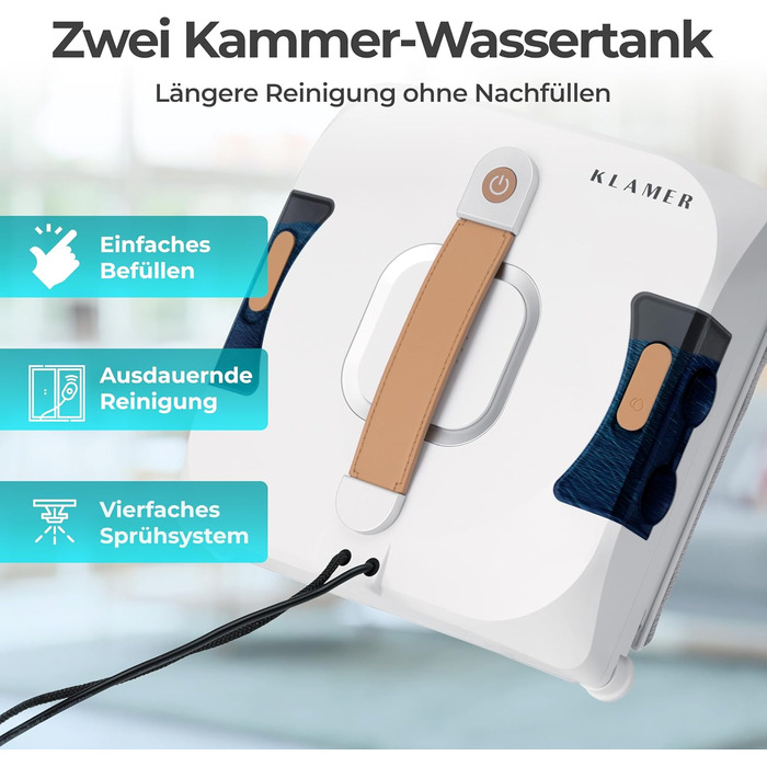 Робот-прибиральник вікон KLAMER 3500 Pa – автоматичний мийник вікон з резервуаром 100 мл, функцією вологого прибирання, розпізнаванням країв, тихий (60 дБ), захист від падіння та смарт-планування. Білий