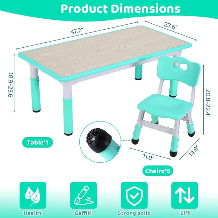 Дитячий стіл з 6 стільцями - комплект меблів для дитячого садка та кімнати, регульована висота, пластик, для хлопчиків та дівчаток (м'ятний)