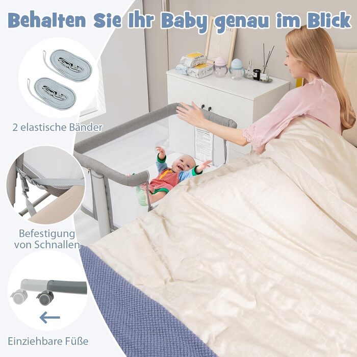 DREAMADE Beistellліжко 2-в-1 з регулюванням висоти, 5-рівнів, для новонароджених, з матрацом та колесами, 86 x 63 см, нахил 10°, сірий колір