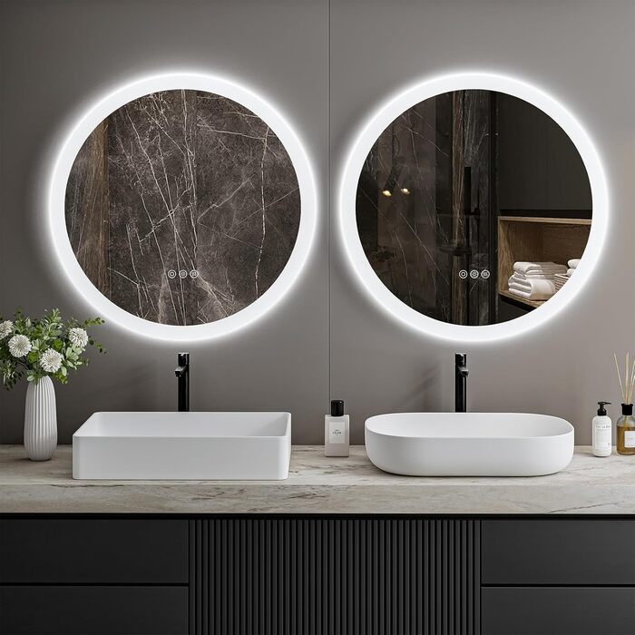 Дзеркало для ванної кімнати ChillCruiser LED круглої форми 50 см з чорною рамою, антизапар, 3 кольори, функція пам'яті