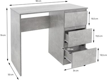 Письмовий стіл ML-Design з 3 шухлядами, 90x76x50 см, з великою кількістю місця для зберігання, сучасний, робочий стіл офісний стіл комп'ютерний стіл офісні меблі дитячий стіл для ноутбука стіл для ПК стіл для дому/офісу (сірий у бетоні)