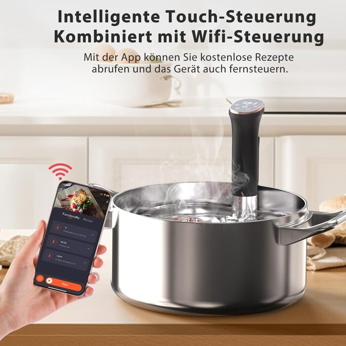 Cooksir Су-від Гастрономічний пристрій, 1400W, 35см, з нержавіючої сталі, Wi-Fi, сенсорне керування, LED, комплект вакуумних пакетів та насос, кулінарна книга