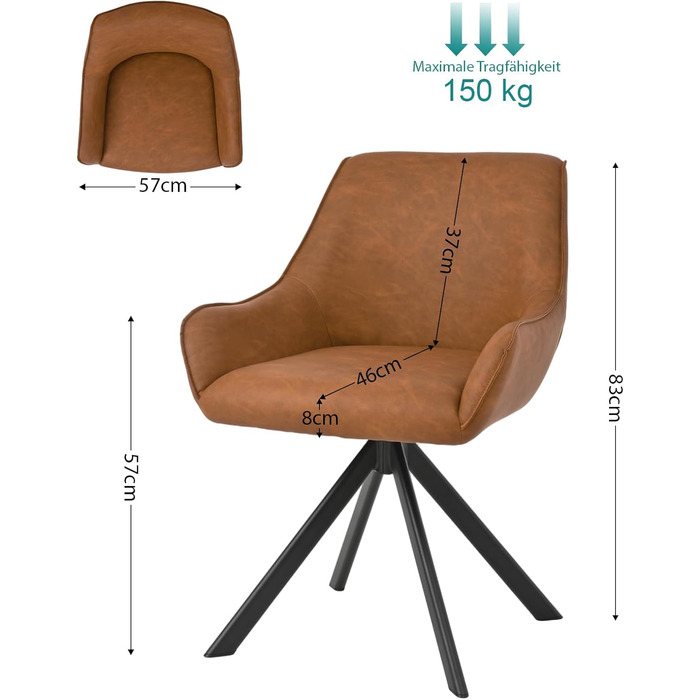 Обідні стільці поворотні, набір 4 шт. з підлокітниками, коричневі. Сучасні стільці для кухні, вітальні, офісу з металевим каркасом та спинкою. Зручні, з м'яким сидінням з льону.