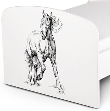 Дерев'яне ліжко Leomark з функціональністю - дитяче ліжко з матрацом, бортиками та ламелями, розмір спального місця 70/140 см, принт UV (Мій кінь)