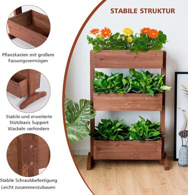 Вертикальна грядка COSTWAY з 3 рівнями, 6 контейнерами для квітів, дерев'яний ящик для тераси, балкона або саду 126x90x115 см (коричневий)