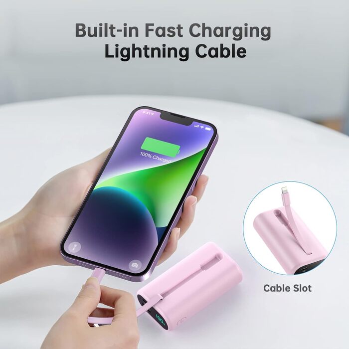 Виходи, LED дисплей, вбудований кабель, сумісний з iPhone - рожевий, 10800mAh, PD 15W, 3