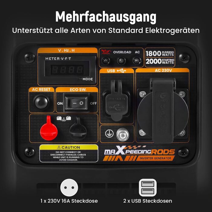 Інверторний генератор maXpeedingrods 2000W, бензиновий, 4-тактний з USB та 230V, цифровий дисплей, компактний, для кемпінгу та подорожей
