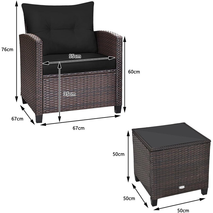 Набір садових меблів LIFEZEAL 3 предмети: 2 крісла та стіл з ротангу PE, чорний. Садовий комплект для тераси, балкона, саду з подушками
