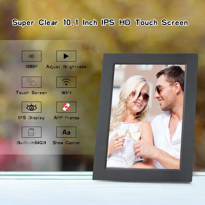 Frameo Цифровий фоторамка 10.1 дюйма з Wi-Fi, HD сенсорний екран, 16GB пам'яті, автоматичне обертання, віддалене завантаження фото та відео, чорний