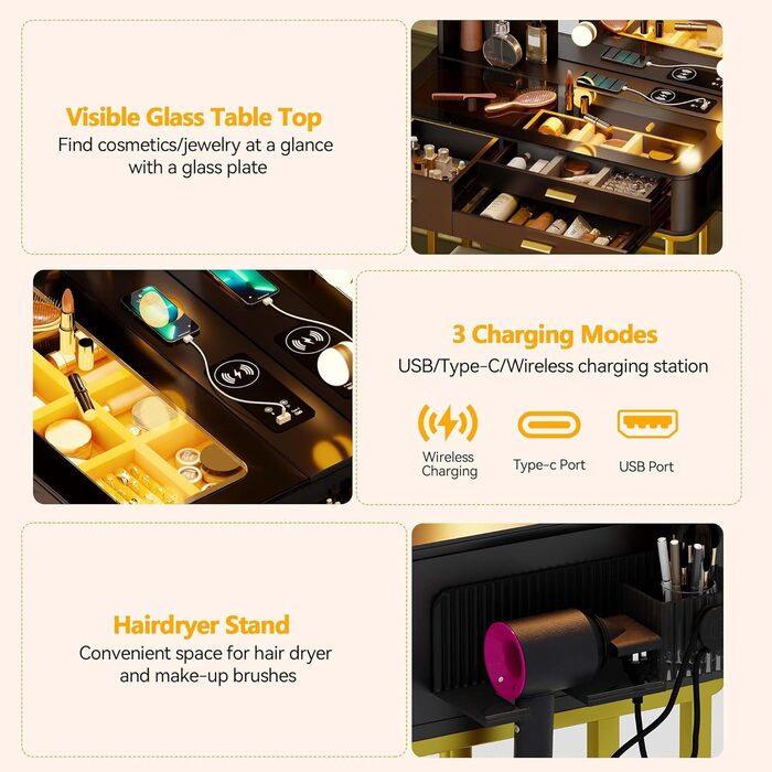 Трюмо Lvifur з дзеркалом у стилі Голлівуд, 10 регульованих лампочок, пуф, ящик, станція зарядки, USB-порт, чорний колір