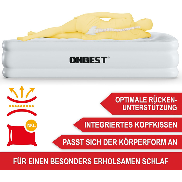 Надувне ліжко самонадувне – для 2 осіб – 203 x 152 x 46 см – з електричним насосом – надувне ліжко для гостей, надувається за 3-5 хвилин – вбудована подушка (Білий)