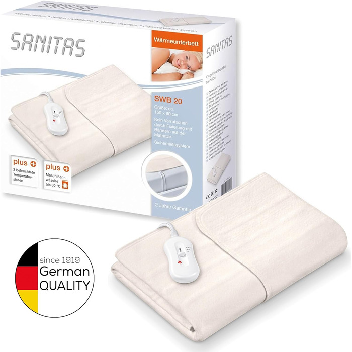 Підігрівальний килимок Sanitas SWB 20 з флісу | з системою безпеки та 3 рівнями температури | Легко кріпиться до ліжка та матрацу | Можна прати при 30°C | 150 x 80 см, Бежевий дизайн