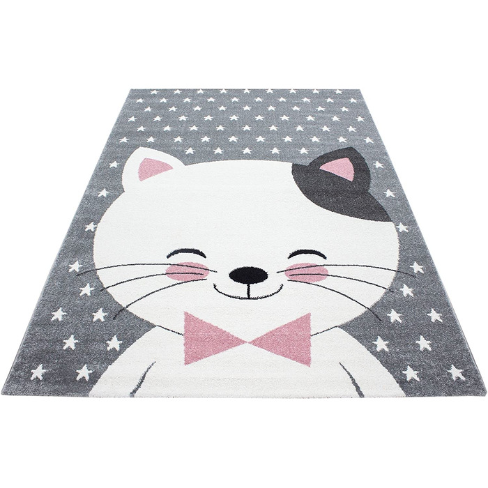 Дитячий килим з малюнком милої кішки, круглий килим, що не вимагає особливого догляду, Килимки для дитячої, дитячої або ігрової кімнат, Розмір Колір сіро-рожевий (200 х 290 см, рожевий)
