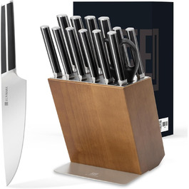 Набір ножів 14 предметів з бруском, кухонний набір ножів з дерев'яним бруском, леза з німецької сталі X50CrMoV15 (шеф-ніж, сантоку, ніж для стейка, ніж для овочів, ножиці). Чорний колір.