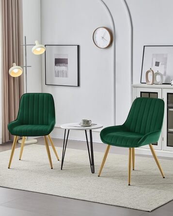Набір з 2 стільців Lestarain для їдальні, вітальні, кухні. Ретро стільці з м'яким сидінням з оксамиту та металевими ніжками, до 150 кг, темно-зелений оксамит