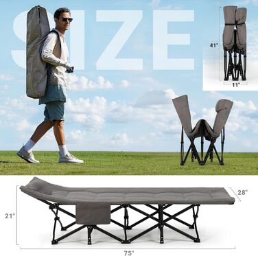 Розкладне польове ліжко OVERMONT з матрацом для кемпінгу та відпочинку, 190x70x40 см, витримує до 250 кг, тканина Оксфорд, з кишенею та сумкою для транспортування (Сірий)