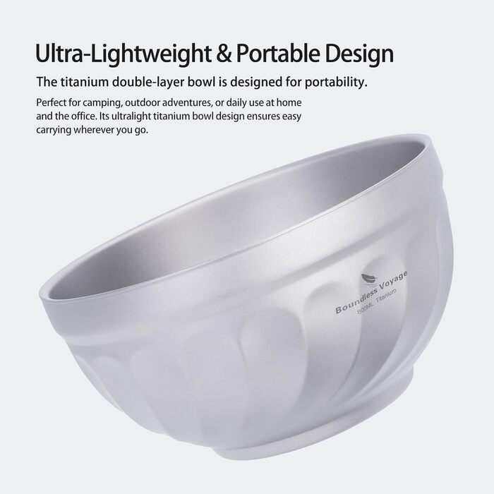 Титанові миски iBasingo з подвійними стінками 500мл та 800мл: для вівсянки, їжі, рису, супу. Легкі, портативні, металеві, для кемпінгу та подорожей