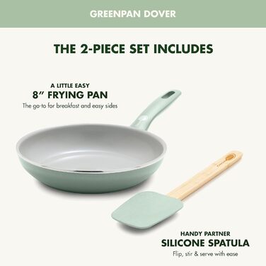 GreenPan Dover Сковорода з лопаткою, 20 см, антипригарне покриття Ceramic, безпечна, для яєць та омлетів, сумісна з духовкою, не нагрівається, легке виливання, блакитний дим, зелений колір