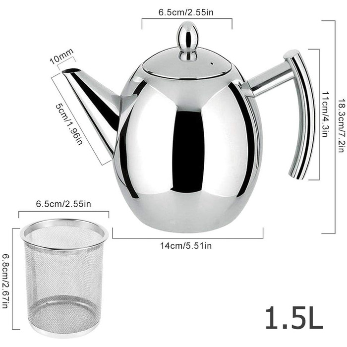 Чайник з нержавіючої сталі з ситечком, 1 л/1,5 л, великий металевий чайник, чайник, чайник, кавник зі знімним чайним фільтром для дому, Готелю, Ресторану, розсипний чай (1,5 л)