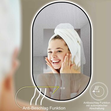 Дзеркало LED HOKO Design ANTIBESCHLAG овальне 45x75 см Bologna+ Metall Rahmen Schwarz. LED підсвічування, сенсорна кнопка, регулювання кольору світла (тепле біле, холодне біле, нейтральне), антизапарник, монтаж HOCH+QUER, 75L x 45B см