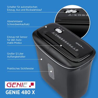 Шредер Genie 480X: знищувач документів, 8 листів, P-4, автоматичний, 12л, захист від перегріву