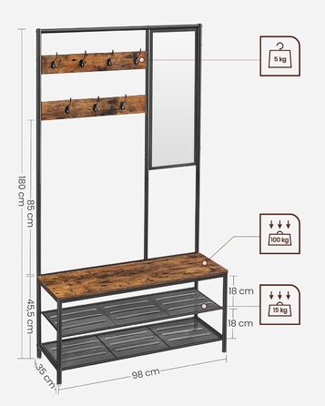 Дзеркало-вішалка VASAGLE HSR415B01 з банкеткою, полицею для взуття, гачками, 35 x 98 x 180 см, для прихожей, спальні, вітальні, індустріальний стиль, вінтажний коричневий + чорний
