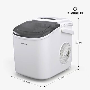 Машина для приготування льоду Klarstein - 12 кг/24 год, 2 розміри, резервуар 1,3 л, LED-дисплеї, прозорий кришка, портативна, для вечірок/садових свят, білий