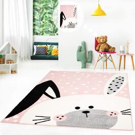 Дитячий килимок MyShop24h килимок для ігор килим для дитячої кімнати з плоским ворсом Сучасний милий кролик з гнучкими вухами, білий в горошок, розмір в см Колір (80 х 150 см, рожевий)