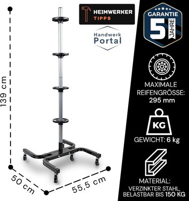 Преміум-підставка для шин на колесах (295 мм, 150 кг) - 4 шини. Чорна, мобільна, для зберігання шин