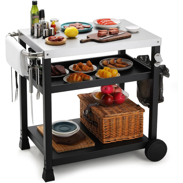 Grillwagen LIFERUN з нержавіючої сталі, 3 яруси, стіл для гриля, вуличний, з нержавіючою сталею, з гачками, на колесах