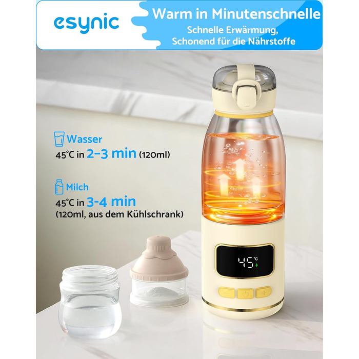 eSynic Підігрівач для пляшечок 450 мл з акумулятором 15000mAh, нержавіюча сталь 316, швидкий нагрів за 2-3 хв, для грудного молока та води, USB-C, BPA-free, для подорожей та нічного годування