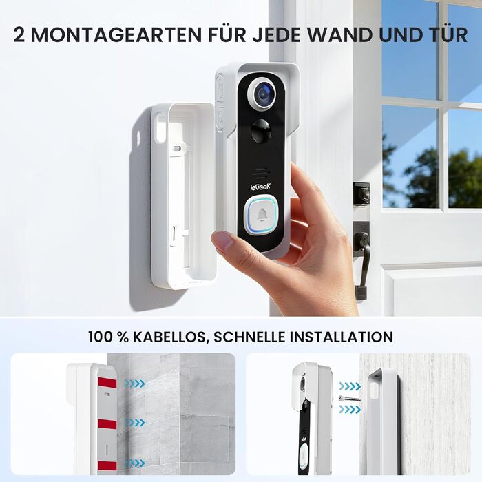 Відеодзвінок ieGeek 2K з камерою, бездротовий, IP66, AI-розпізнавання руху, нічне бачення, без підписки, сумісний з Alexa, Wi-Fi 2.4GHz, з внутрішнім дзвінком (білий)