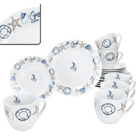 MamboCat Neptun - 18-ти елементний кавовий сервіз для 6 осіб з порцеляни з морськими мотивами (якір, мушля)