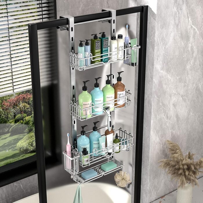 Настінна поличка для душу HapiRm з 4 ярусами, 22 гачками та 2 тримачами для зубних щіток (срібна)