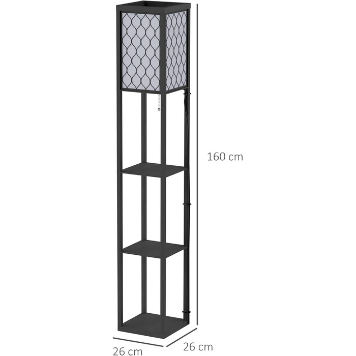 Торшер з поличками HOMCOM, від E27 до 40W, Дерево, Чорний, 26x26x160 см