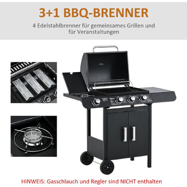 Газовий гриль Outsunny BBQ на коліщатках з 3 пальниками та 1 бічним пальником, редуктор та шланги, багатофункціональний, сталь, чорний, 110x50x100 см