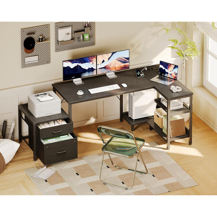 Комп'ютерний стіл Coleshome L-подібний з ящиками, розеткою, 160x80 см, білий (чорний)