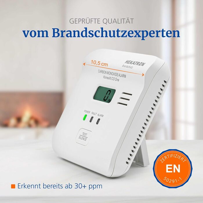 Датчик CO Hekatron KonexXt CO One з батареєю на 10 років – детектор чадного газу з дисплеєм та кнопкою тестування, проста установка