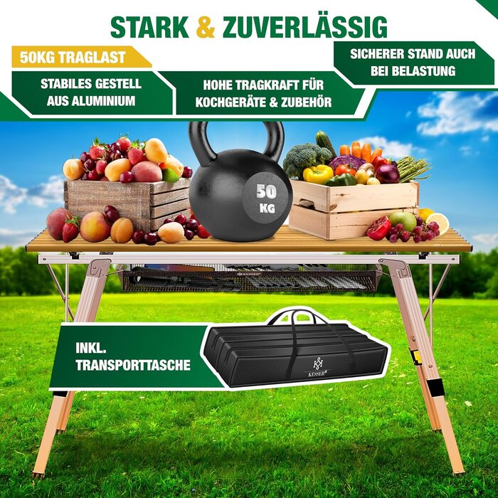 Зручний складаний столик KESSER® для кемпінгу з алюмінієвим каркасом та регулюванням висоти, 90x53 см, до 100 кг, з сумкою та сітчастою кишенею, з імітацією дерева
