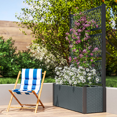 Підвищене грядка з опорою для ліан у стилі ротангу, ящик для квітів з підпірками, 90 x 35 x 148 см, темно-сірий