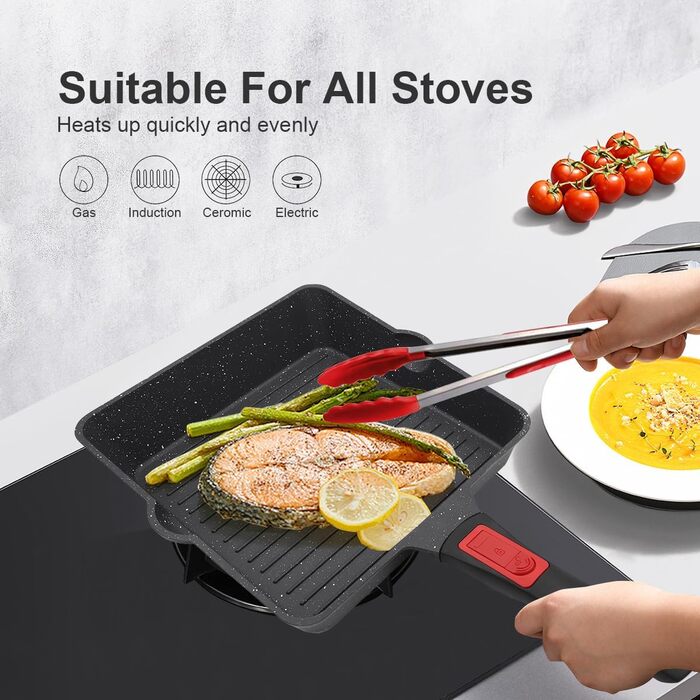 Сковорода-гриль AIKENBBKK 24x24 см з знімним ручками, антипригарне покриття, для стейків, сумісна з духовкою, миюча в посудомийній машині (білий)