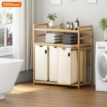 Бамбуковий сортувальник для білизни з 3 відділеннями, 148 літрів, 2 яруси, великий кошик для білизни з знімним мішком, прямокутна коробка для ванної, спальні та пральні, 77.5x41.3x100.5 см, Бежевий