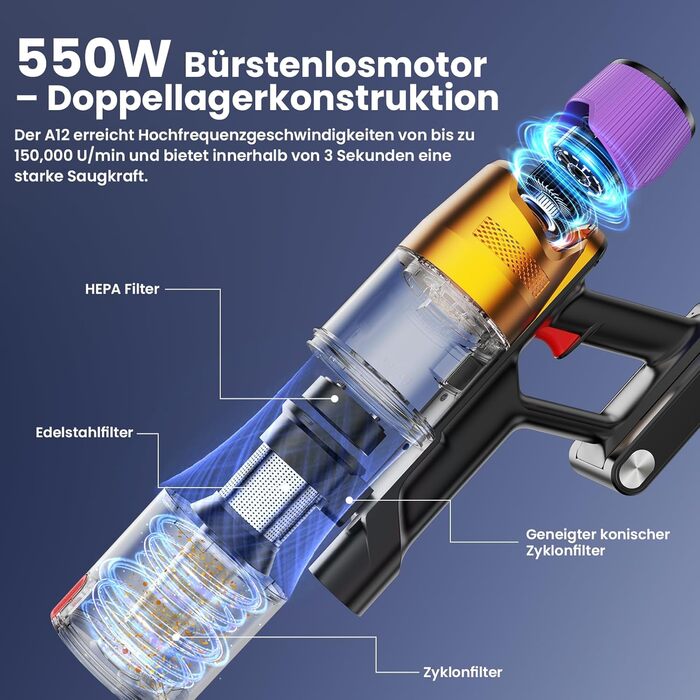 Бездротовий пилосос Linkfly A12 з функцією миття підлоги, 8-в-1, 48Kpa, 550W, 70Min, сенсорний екран, контейнер 1,5L, док-станція для стін, підходить для килимів/авто/шерсті домашніх тварин, фіолетовий