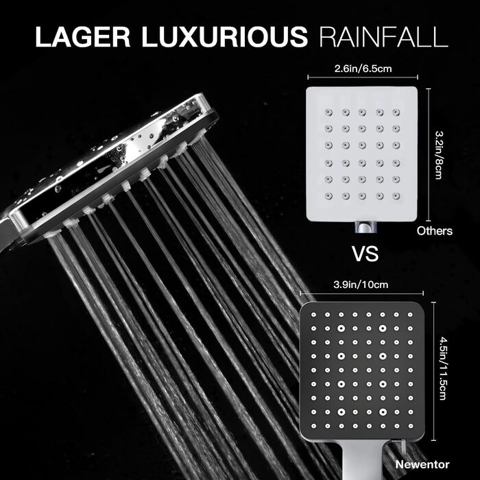Насадка для душу Newentor Regendusche [TESTSIEGER], велика ручна лійка, водозберігаюча, високого тиску, XXL з 6 режимами струменя (без шлангу), матова чорна (Duschkopf, без шлангу)
