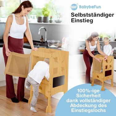 Дитячий навчальний столик-сходинка (1 рік+) з сіткою безпеки 360° - стабільний, масивний, з анти-кидкою, білий (натуральне дерево)